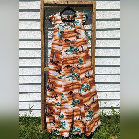 Vintage Dresses & Skirts - Vintage 1970s Hawaiian Maxi Dress M By Huklian Fashions Tiki Pinup Retro